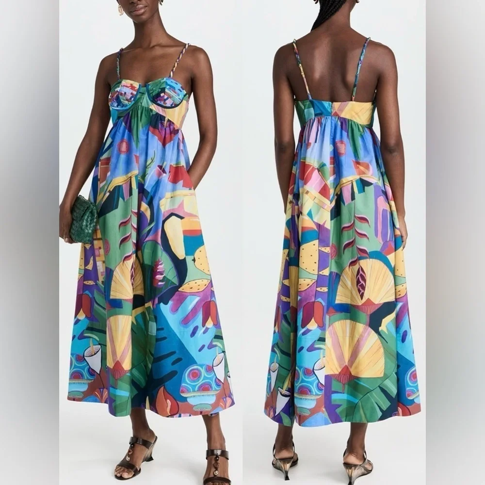 NEW FARM Rio Tropical Scenario Sleeveless Maxi Dress sz S